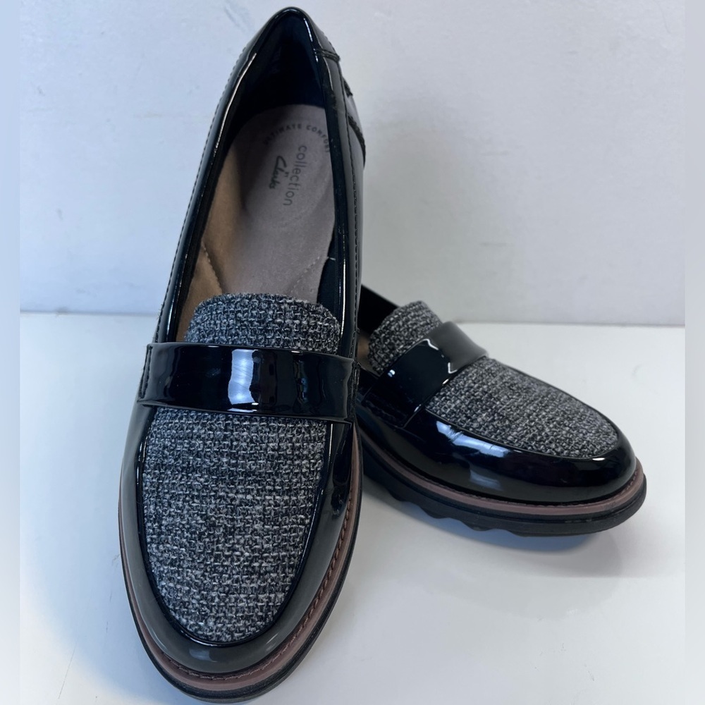 Clarks Sharon Gracie Loafers Black‎ Patent Leather Comfort Dress Shoes Womens 8